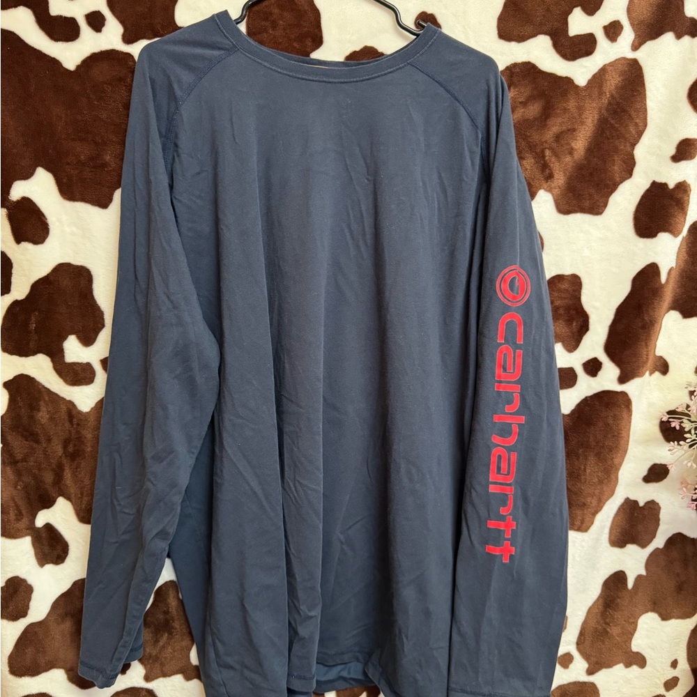 Carhartt Men's Blue Long Sleeve Tee with Red Logo